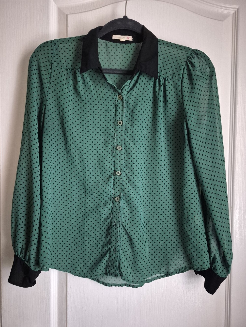 Women's Green Polka Dot Blouse with Black Collar and Cuffs